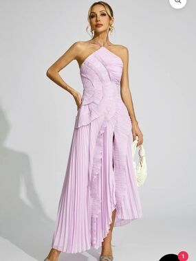 Elodie Purple Asymmetric Pleated Halter Maxi Dress (Tags On)